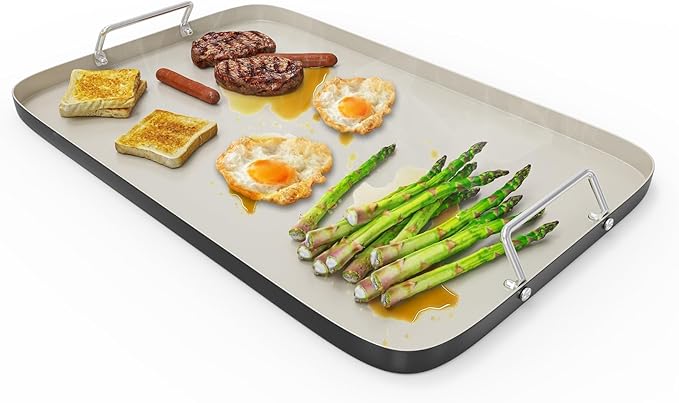 SafBbcue 20" x 13" Double Burner Griddle Pan, Non-Stick Ceramic Coated, for Outdoor Gas Pellet Grill, Stove Top Charcoal Grills, for Weber Charbroil Camp Chef Grill, Black