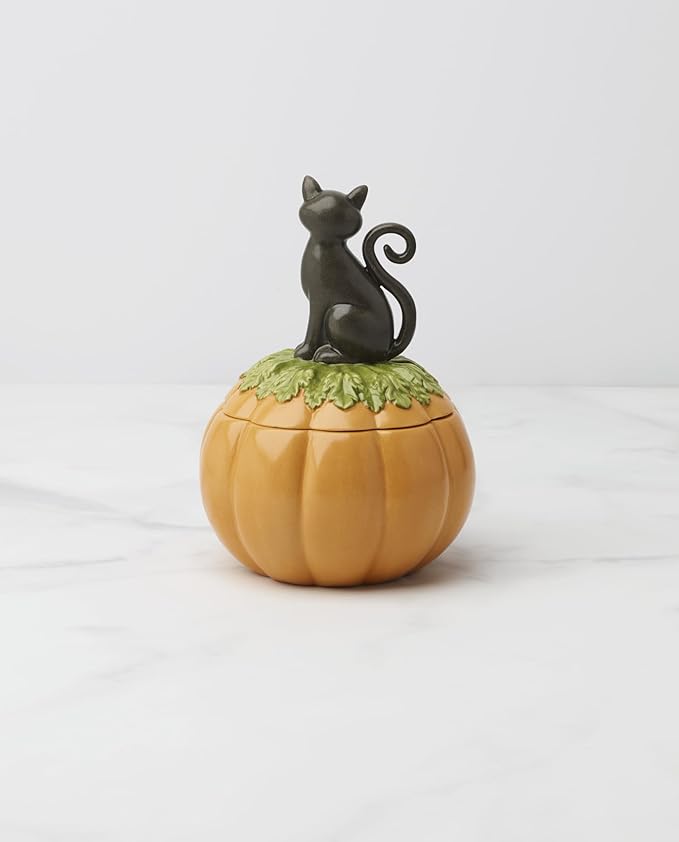 Lenox Haunted Halloween Covered Candy Jar, Porcelain Jar with Lid, 26oz Storage, Black Cat on Pumpkin, Jar for Sweets, Pumpkin Decor, Halloween Kitchen Decor, Halloween Cookie Jar, 5x7.25 inches