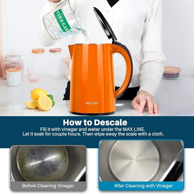 Secura Original Stainless Steel Double Wall Electric Water Kettle 1.8 Quart with Auto Shut-Off & Boil-Dry Protection, Orange SWK-1701DO/HB-3227B