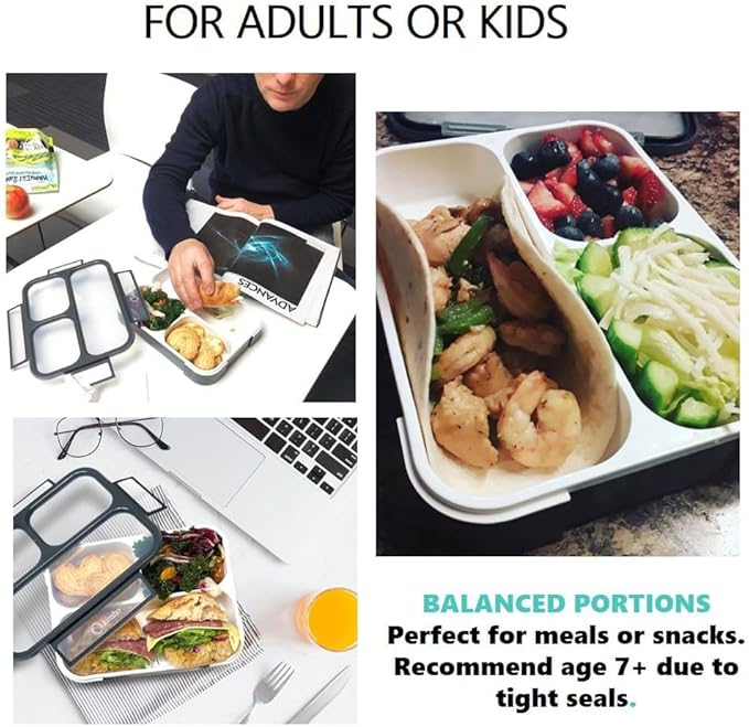 Bento Lunch Box For Adults, Kids | Leakproof Meal Prep Portion Control Boxes Japanese Style for Boys Teens 3 Compartment Slim Container For Work, School | Eco-friendly Divided Containers, Grey - Black