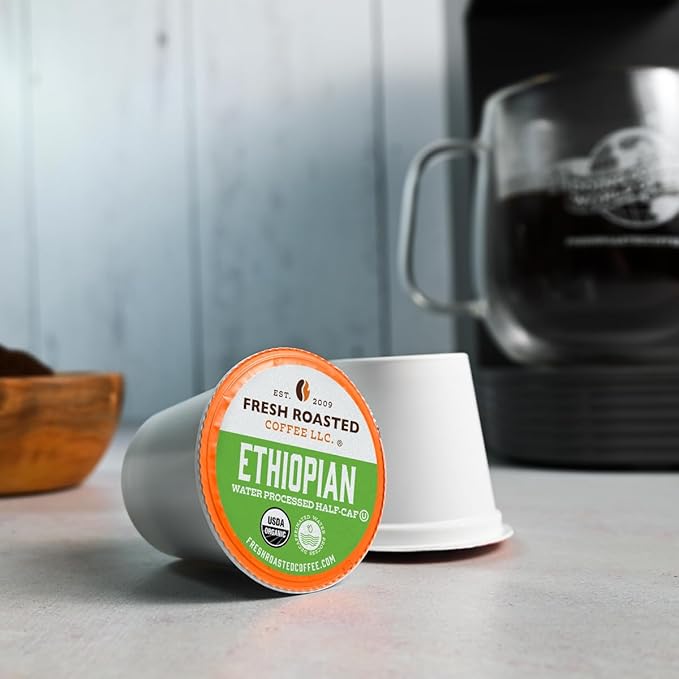 Fresh Roasted Coffee, Organic Ethiopian Sidamo Water-Processed Half-Caf | USDA Organic, 100% Single Origin, Kosher | Medium Roast 72 Pods for K Cup Brewers