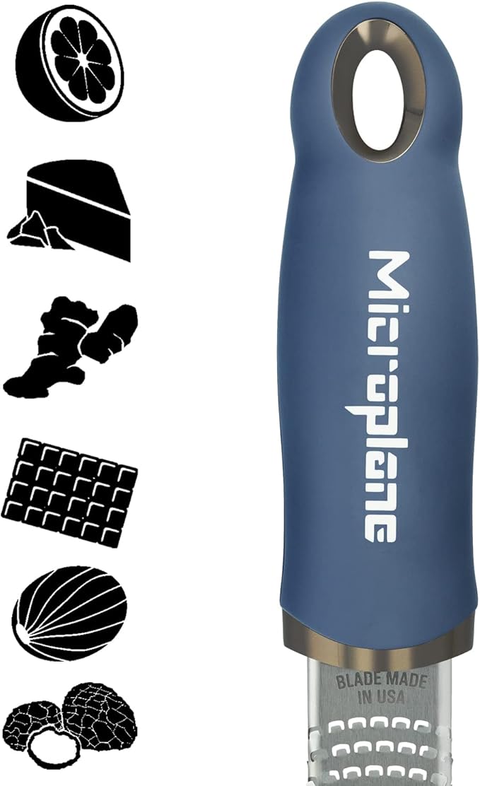 Microplane Premium Zester Grater in Denim Blue | Lemon Zester tool, Hard Cheese & Vegetable Grater | For Citrus, Parmesan Cheese, Garlic, Ginger, Nutmeg | Fine Stainless Steel Blade, Made in USA