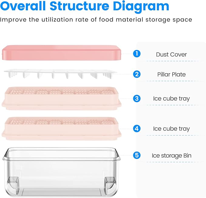 PHINOX Ice Cube Tray with Lid and Bin, Ice Trays for Freezer, Flexible Ice Cube Trays, Making 64 pcs Ice Cubes, Chilling Cocktail, Whiskey, Coffee, with 2 trays, Ice Container, Scoop&Cover, BPA Free