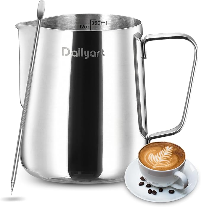 Milk Frothing Pitcher, Dailyart 12oz/350ml Milk Frother Cup 304 Stainless Steel Milk Steamer Cup with Scale, Espresso Machine Accessories, Milk Pitcher with Art Pen for Cappuccino Coffee Latte Art