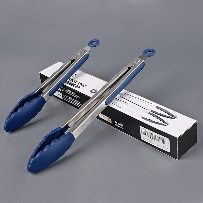 HOTEC Premium Stainless Steel Locking Kitchen Tongs with Silicon Tips, Set of 2-9" and 12", Classic Blue