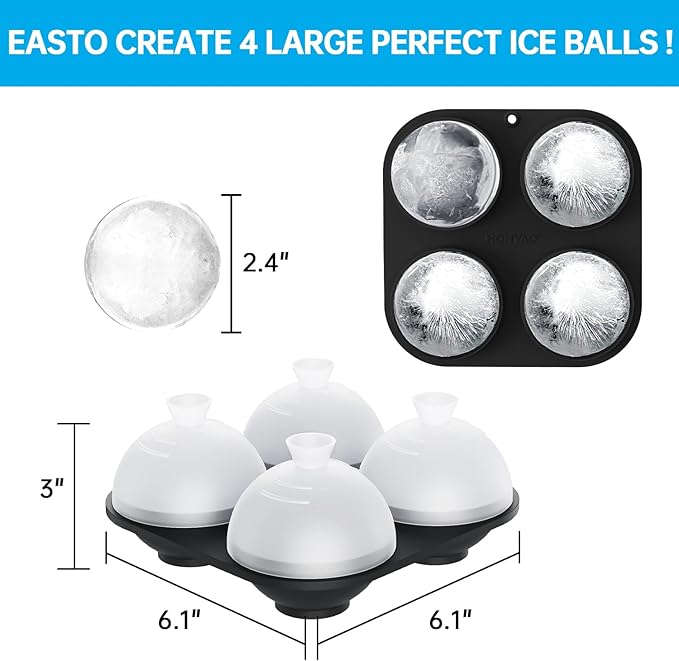 HONYAO Silicone Whiskey Ice Ball Mold - 2.4 Inch Large Ice Cube Trays Molds Silicone with Lids - Ice Sphere Maker for Cocktails, Bourbon, Rum - 2 x 4 Iceballs