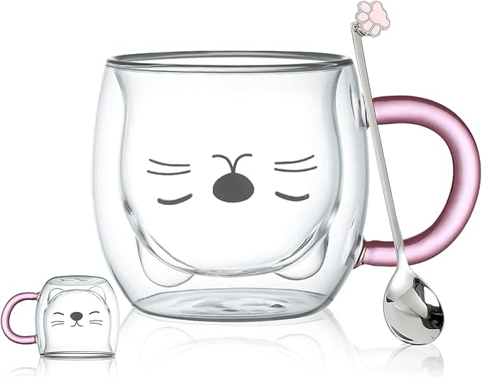 Purple Cat Mug Cute Mugs Glass Double Wall Insulated Glass Espresso Cup, Kawaii Cup, Coffee Cup, Tea Cup, Milk Cup, Best gift for Office and Personal Birthday Christmas (Purple Cat)