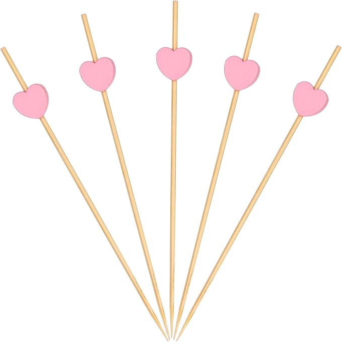500 Pieces Pink Heart Toothpicks 4.7 Inch Fancy Bamboo Cocktail Picks for Frozen Appetizers Long Fruit Charcuterie Drink Sticks Wedding Party Valentines Day Decoration Party Supplies