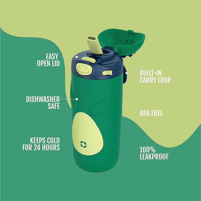 Ello Ellies 12oz Vacuum Insulated Stainless Steel Kids Water Bottle with Straw and Built-in Carrying Handle and Leak-Proof Locking Lid for School Backpack, Lunchbox and Outdoor Sports, Dino