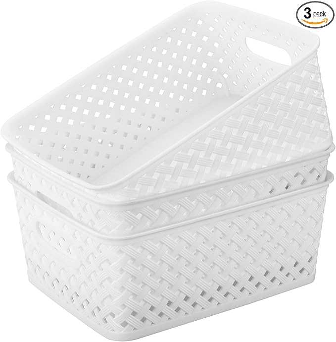 MaxGear 3 Pack Plastic Storage Bins, White Medium Size, Polypropylene Material, Lacquered Finish