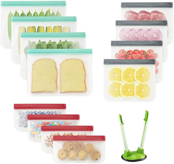 LeMuna 12 Pack Reusable Food Storage Bags with Baggy Rack (4 Gallon Freezer Bags, 4 Reusable Sandwich Bag, 4 Reusable Snack Bags), Food Grade Reusable Freezer Bags BPA Free, PEVA Leakproof