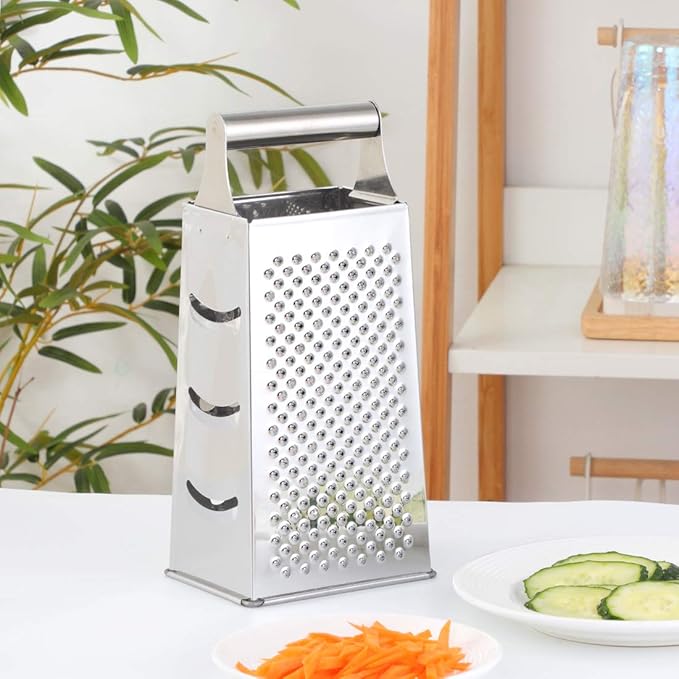 4 Sides Box Grater For Kitchen,Stainless Steel Cheese Grater With Handle,Multi-Function Vegetable Slicer Food Shredder For Chees,Ginger,Vegetables,Dishwasher Safe, Silver