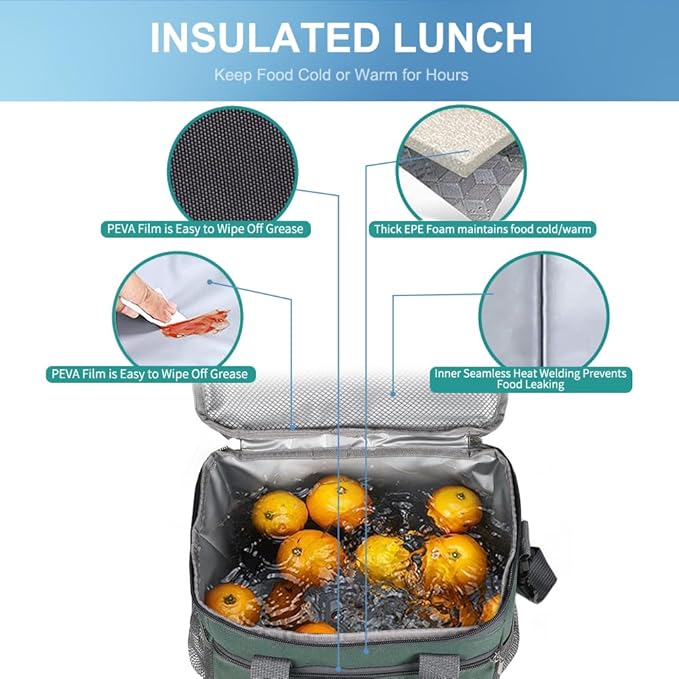 iknoe Insulated Lunch Bag, Foldable 8.5L Cooler Bag for Men & Women, Leakproof Thermal Design, Great for Office, Picnic, Travel, Lunch Box, Grayish green