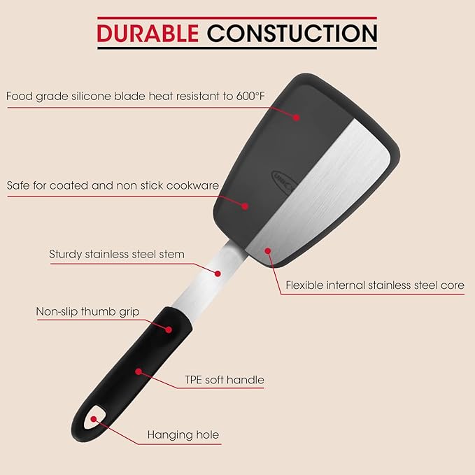 Unicook Flexible Silicone Spatula, Turner, 600F Heat Resistant, Ideal for Flipping Eggs, Burgers, Crepes and More, Small