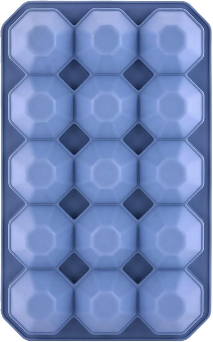 Ice Cube Trays with Silicone Lid, 15 Grid Diamond Shaped Ice Tray Easy Release Stackable Ice Cube Mold, 2 Pack (Grey Blue+Green)