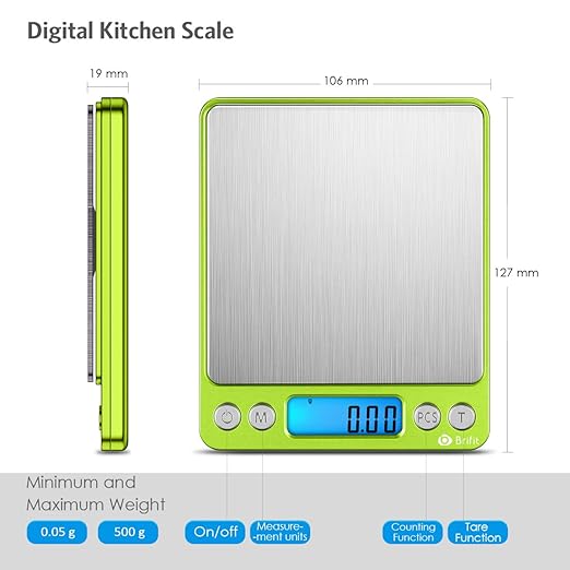 AMIR Digital Kitchen Scale, 500g-0.01g Mini Pocket Jewelry Scale, Cooking Food Scale with Backlit LCD Display, 2 Trays, 6 Units, Auto Off, Tare, Stainless Steel (Battery Included)