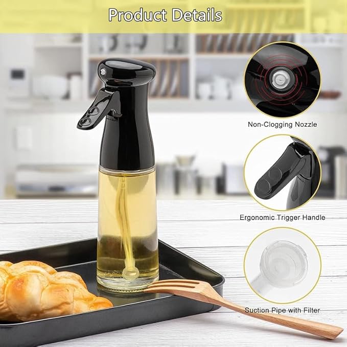 Olive Oil Sprayer for Cooking, 200ml Glass Oil Dispenser Bottle Spray Mister, Refillable Food Grade Oil Vinegar Spritzer Sprayer Bottles for Kitchen, Air Fryer, Salad, Baking