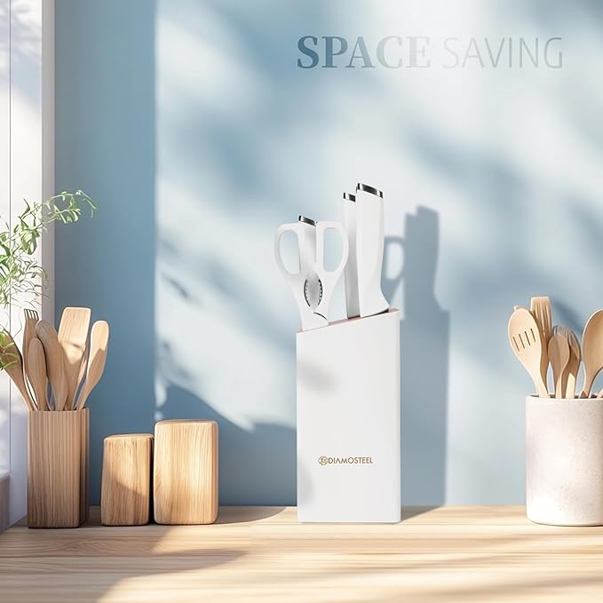 White Knife Set with Block, 7 Pieces Small Knife Block Set with Stainless Steel Blade Ergonomic Handle, Kitchen Knives Set Gifts for chef
