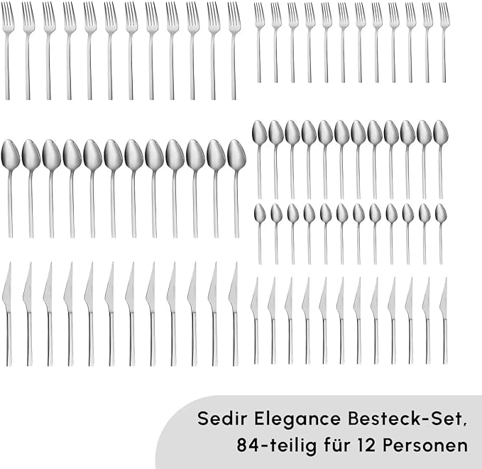Karaca Boreas 84-Piece Kitchen Silverware Sets, Stainless Steel Cutlery Set for 12 People, Durable, Elegant, Dishwasher Safe, Includes Table & Dessert Spoons, Forks & Knives