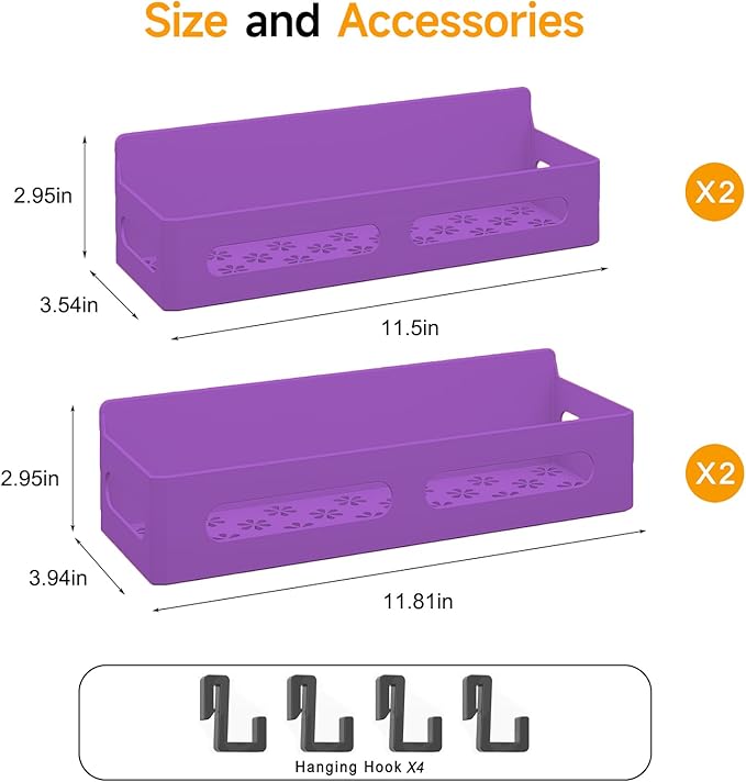 4 Pack Magnetic Spice Rack for Refrigerator, Spice Rack Organizer, Moveable Magnetic Shelf Fridge Organizer with 4 Hooks for Kitchen and Oven Organization, Purple