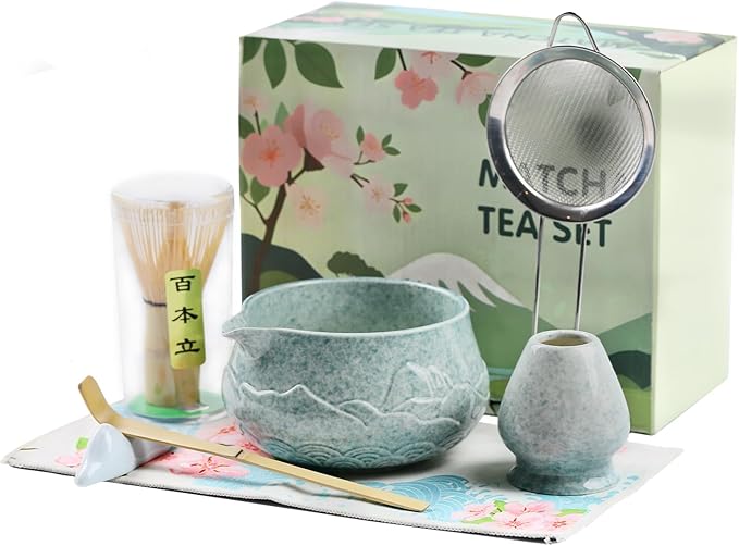 7-Piece Matcha Set–Traditional Japanese Tea Kit with Matcha Bowl, Bamboo Whisk, Ceramic Holder, Scoop, and Sifter–Perfect for Tea Ceremonies&Matcha Lovers (Mountain Relief-Mottled Green)