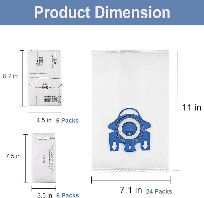 24 Pack 3D Airclean GN Vacuum Bags Compatible with Miele Classic C1, Complete C1, Complete C2, Complete C3, S400i S600 S2 S5 S8 Series, 6 Motor Protection Filters 6 AirClean Filters 1 Cleaning Brush