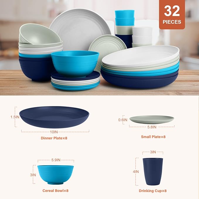 Wheat Straw Dishes Sets for 8, Reusable Plastic Dinnerware Sets 32-Piece, Plates Set, Bowls Set, Tumblers, Microwave Safe Plate and Bowl Set for Dinner,Kitchen, Camping - Island Series