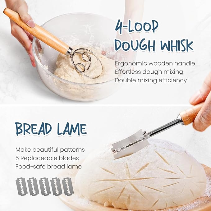 RORECAY Bread Banneton Proofing Basket Set, 9 Inch Round & 10 Inch Oval Cane Sourdough Baskets with Dough Whisk Lame Dough Scraper Bowl Scraper Silicone Brush Sourdough Bread Baking Supplies