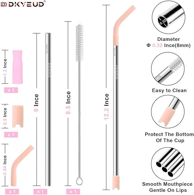 Quality Upgraded 9In Medical Grade 316 Stainless Steel Straws Set 1 PCS with 3 Silicone Accessories, 1 Straw Brush, 1 Storage Case, BPA Free, Eco-Friendly Metal Straws Reusable