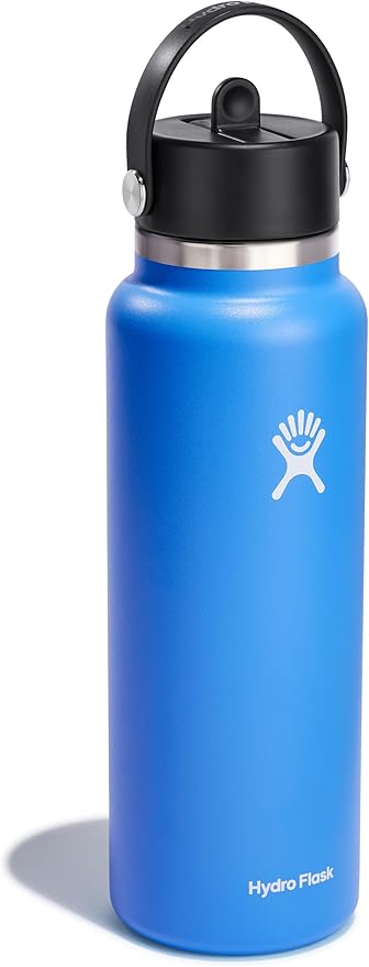 Hydro Flask Water Bottle - Insulated Stainless Steel - Wide Straw Lid, Non Spill, Leakproof in 40 Oz Cascade Blue