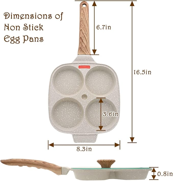 Egg Pan Fried Egg Pan, Egg Frying Pan with Lid Nonstick 4 Cups Pancake Pan Aluminium Alloy Cooker for Breakfast, Gas Stove & Induction Compatible (White)
