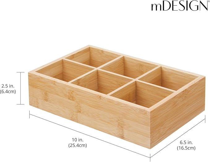 mDesign Bamboo Tea & Food Storage Organizer Container Box - Wooden Holder Case for Tea Bags, Coffee, Snacks, Sugar, Sweeteners, and Small Packets - Echo Collection - Natural Wood