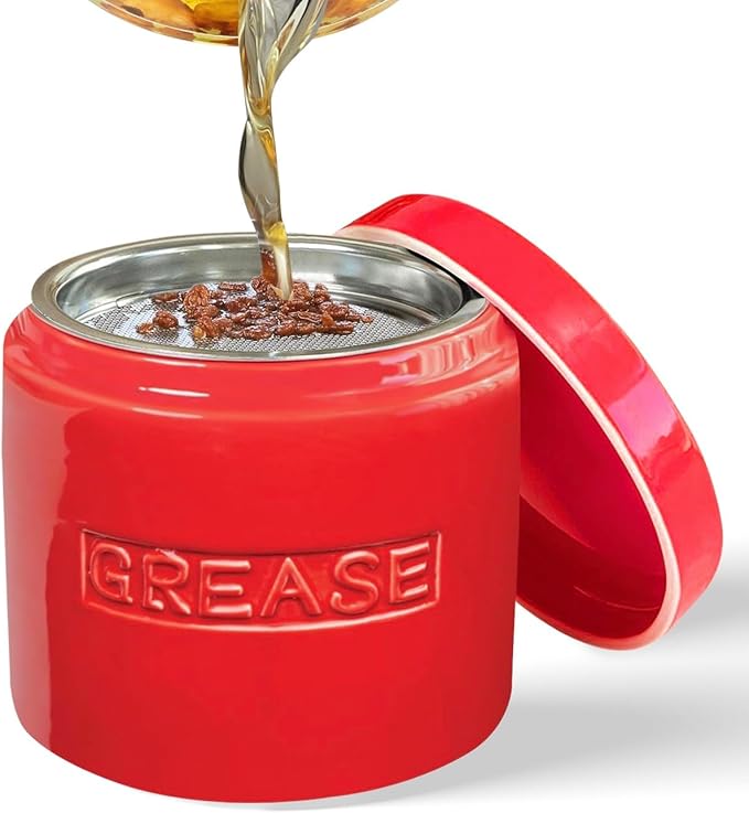 Bacon Grease Saver with Strainer - Ceramic Grease Container 1L Storage Canister | Holds Bacon Fat Drippings | Oil Keeper for Kitchen Counter Storage
