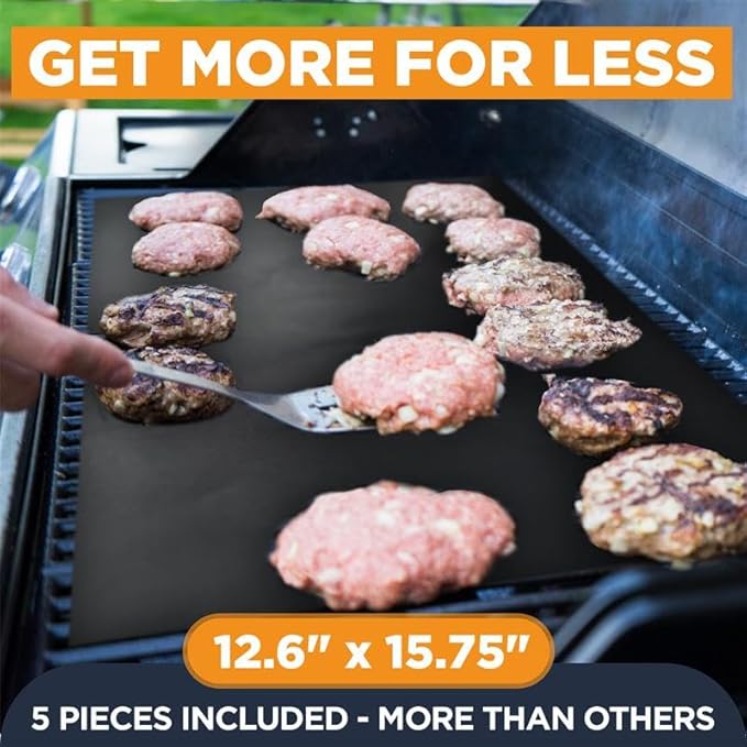 Linda's Essentials BBQ Grill Mats for Outdoor Grill Mat (5 Pack) 12.6" x 15.75" - Reusable Heat-Resistant Grilling Mats for Outdoor Grill, Non Stick Grill Matt, Easy Clean BBQ Mats for Outdoor Grills