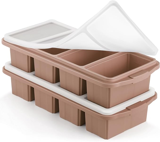 Silicone Freezer Tray With Lid - Silicone Freezer Food Molds- Large Ice Cube Tray,Silicone Freezer Container,Freeze & Store Soup, Sauce, Broth,Leftovers - Makes 4 Perfect 1 Cup