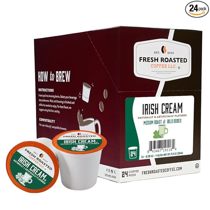 Fresh Roasted Coffee, Irish Cream, Flavored Coffee Pods, K-Cup Compatible, 24 Count
