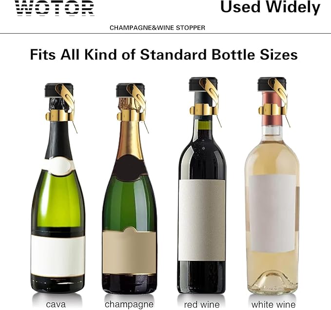 WOTOR Champagne&Wine Bottle Stoppers Stainless Steel with Food Grade Silicone, Leak Proof Keep Fresh Reusable Saver, Cork Suitable for Wine, Champagne, Cava, Prosecco and Sparkling (6 Pack Gold）
