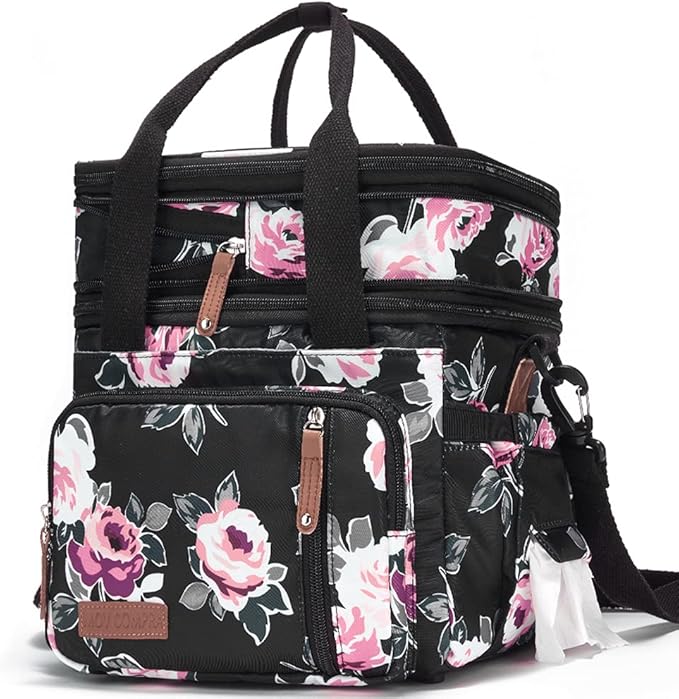 MOV COMPRA Lunch Bag Women Flower Insulated Lunch Box for Work, Expandable Large Lunch Bag, Leakproof Double Deck Lunch Box Cooler Bag with Removable Shoulder Strap（Flower）