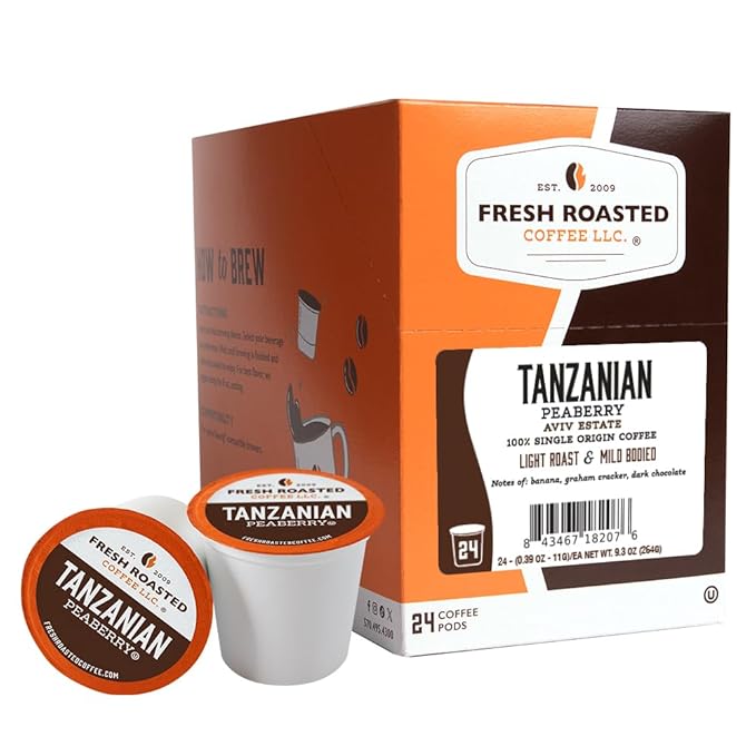 Fresh Roasted Coffee, Tanzanian Peaberry, Light Roast, 24 Pods for K Cup Brewers