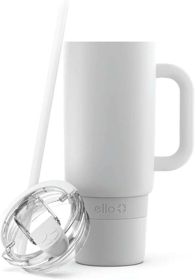 Ello Port 40oz Tumbler with Carry Loop & Integrated Handle, Vacuum Insulated Stainless Steel Reusable Water Bottle, Travel Mug with Leak Proof Lid & Straw, Perfect for Iced Coffee & Tea, White