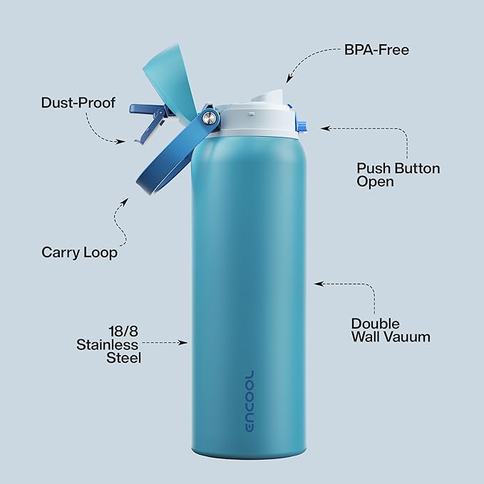 Insulated Water Bottle with Straw - Encool Stainless Steel Water Bottle with Push Button Lid, Leak-Proof & BPA-Free, Keeps Cold for 24 Hours for Sports, Travel, Gym (40 oz, Silk Blue)