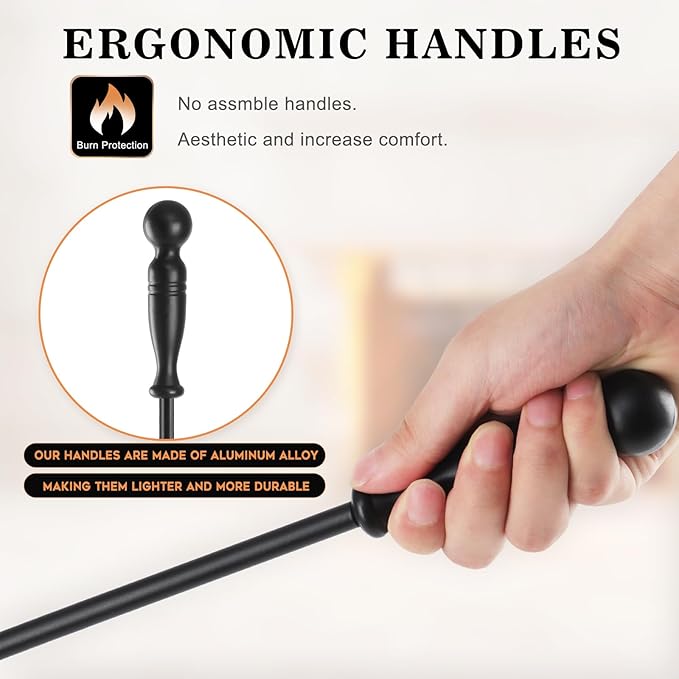 Gtongoko Fireplace Tools Set 5 Pcs 30.5 Inch Black Wrought Iron Large Fire Place Tool Set Indoor/Outdoor Include Poker, Shovel, Brush, Tong and Round Stand, Fireplace Kit Accessories Set