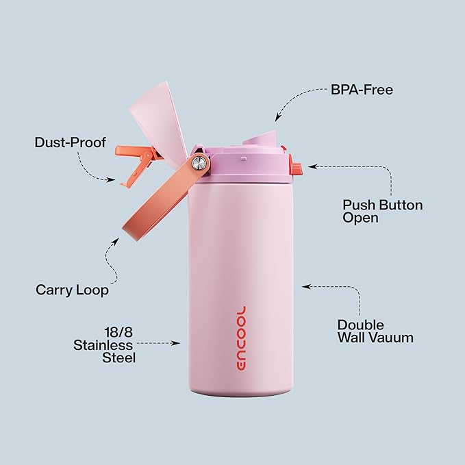 Insulated Water Bottle with Straw - Encool Stainless Steel Water Bottle with Push Button Lid, Leak-Proof & BPA-Free, Keeps Cold for 24 Hours for Sports, Travel, Gym (18 oz, Lily-Red)