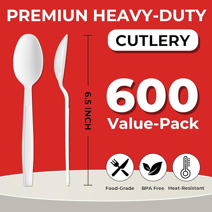 600Pack Disposable Plastic Spoons Bulk White Heavy Duty Plastic Teaspoons - Value Pack Cutlery Set For Parties, Restaurant (600SPOONS)