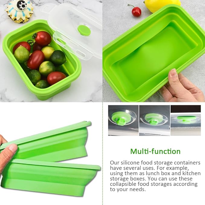 Alimat PluS 40.5oz Collapsible Food Storage Containers with Lids, 3 Pack Set 1200ml Silicone Food Storage Containers, Green Collapsible Food Storage for Kitchen and Outdoor Activities