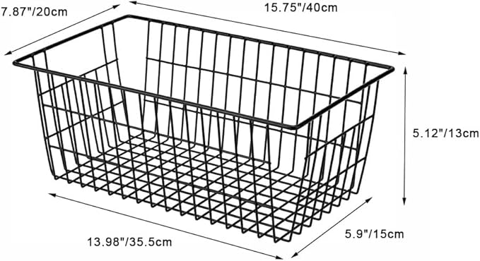 SANNO Freezer Basket Organizer, Refrigerator Metal Wire Storage Divider, Household Container Bins with Handles for Kitchen, Bathroom, Office, Camping, Black,Set of 4