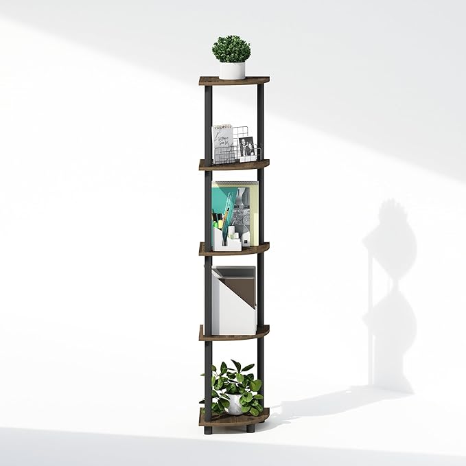 Furinno Turn-N-Tube Corner Shelf, 5-Tier Corner Display Rack, Shelving Unit, for Organization and Storage, Living Room, Home Office, Garage, Bedroom, Columbia Walnut