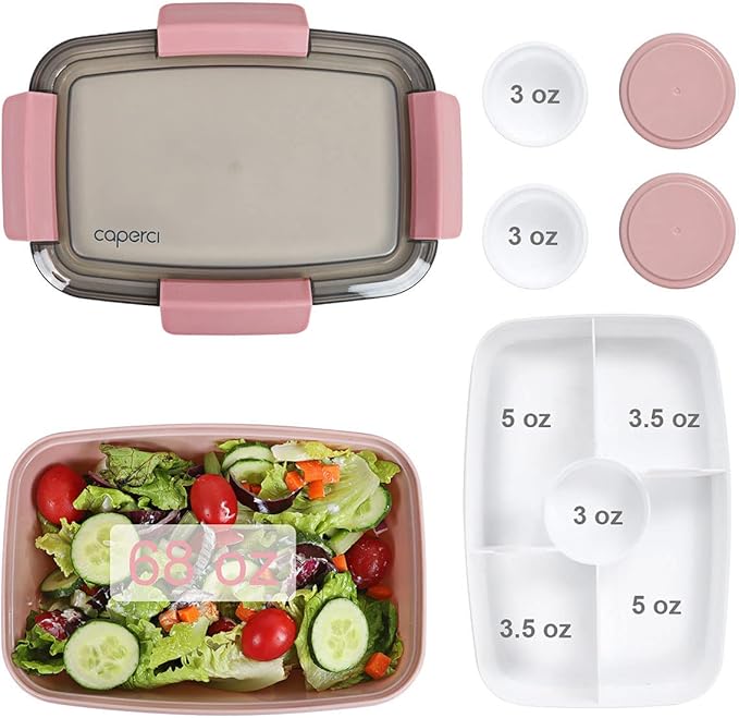 Caperci Large Salad Lunch Container - Adult Bento Lunch Box with 68 oz Salad Bowl, 5-Compartment Tray, 2pcs 3-oz Sauce Cups, Stackable, BPA-Free (Pink)
