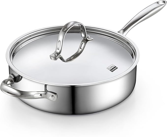 Cooks Standard 4-Quart Stainless Steel Sauté Pan with Lid, 10.5-inch Deep Frying Pan Induction Cookware, Oven Safe Large Skillet Jumbo Cooker with Stay-Cool Helper Handle