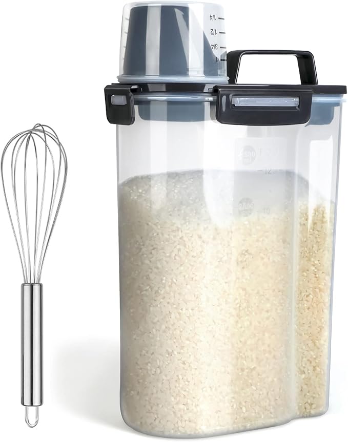 Rice Airtight Dry Food Storage Containers, BPA Free Plastic Storage Bin Dispenser with Pourable Spout, Measuring cup for Cereal, Flour and Baking Supplies, Include a Stainless Steel Whisk